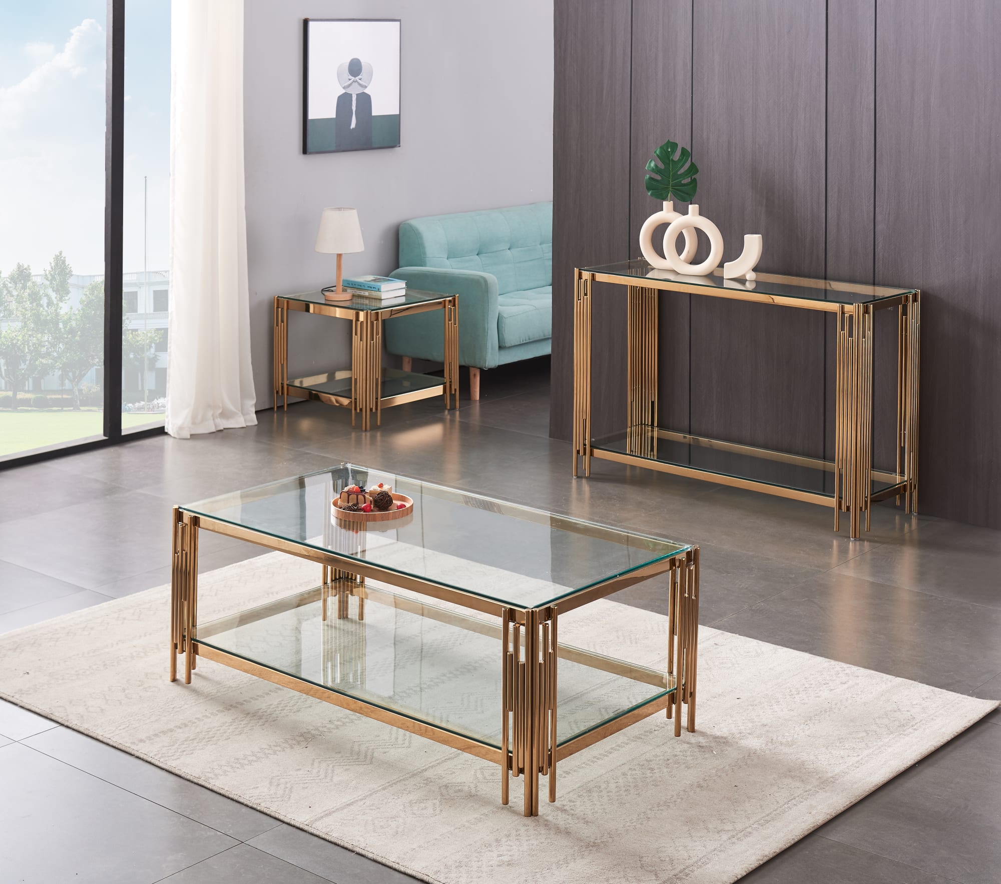 GUERIDON FLUTE GOLD DOUBLE PLATEAU TRANSPARENT 50X50X55CM