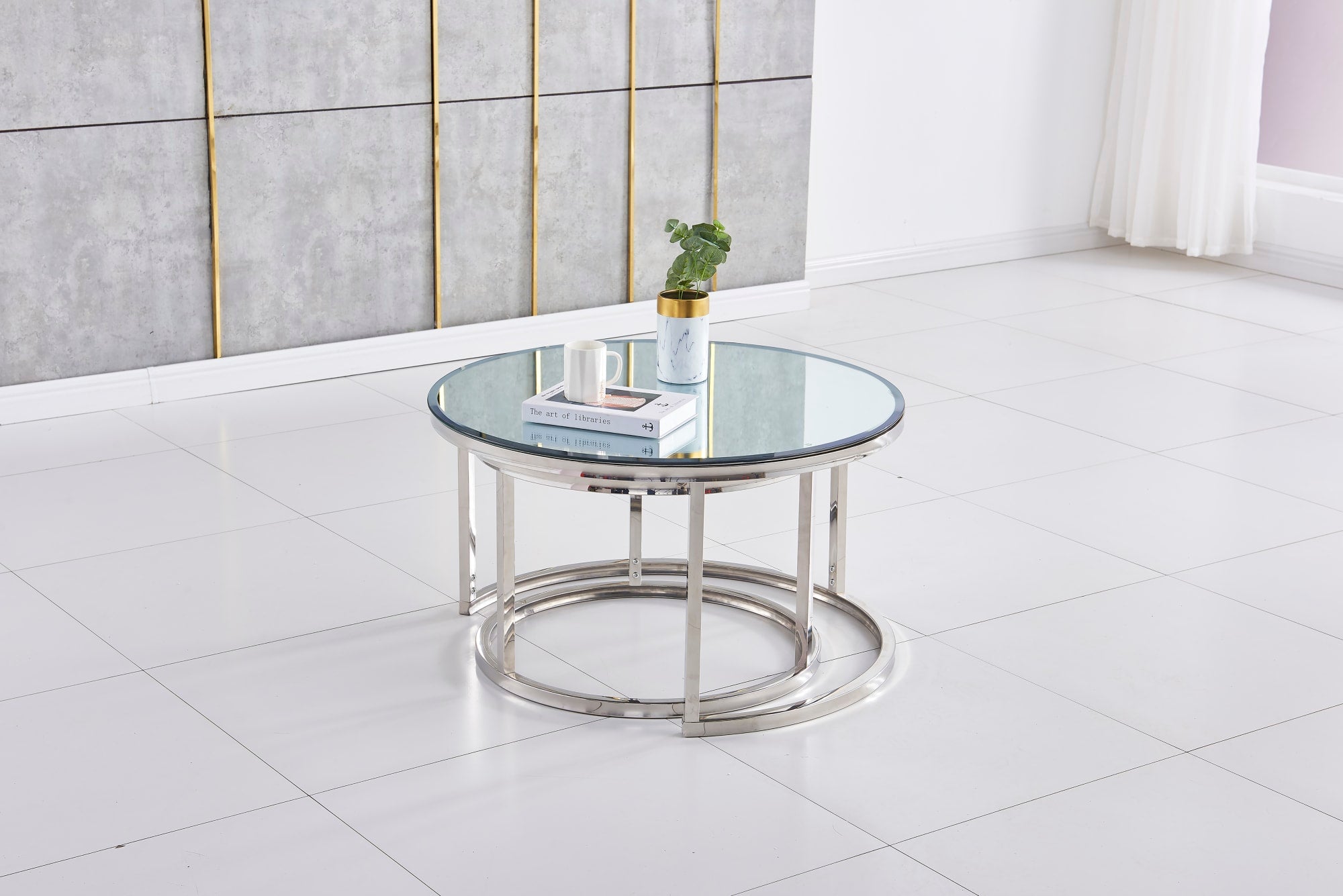 TABLE BASSE GIGOGNE CHROME MIROIR 80x45 + 60x38 cm