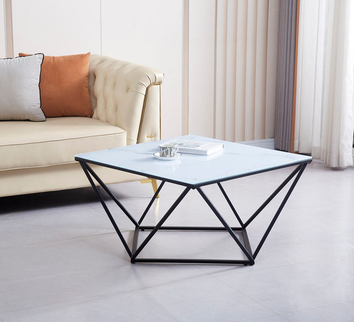 TABLE BASSE ALINA METAL NOIR VERRE MARBRE BLANC 80X80X45CM