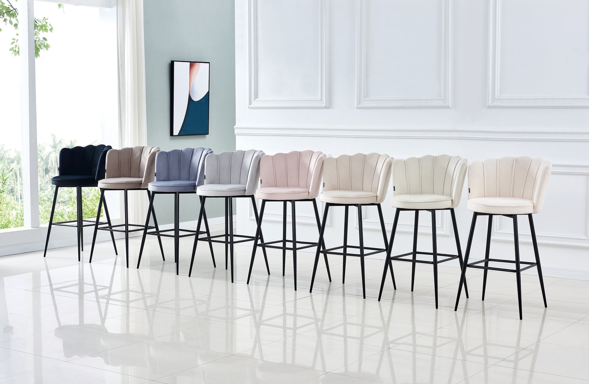 TABOURET DE BAR NYMPHEA METAL NOIR VELOURS ROSE HAUTEUR 65cm