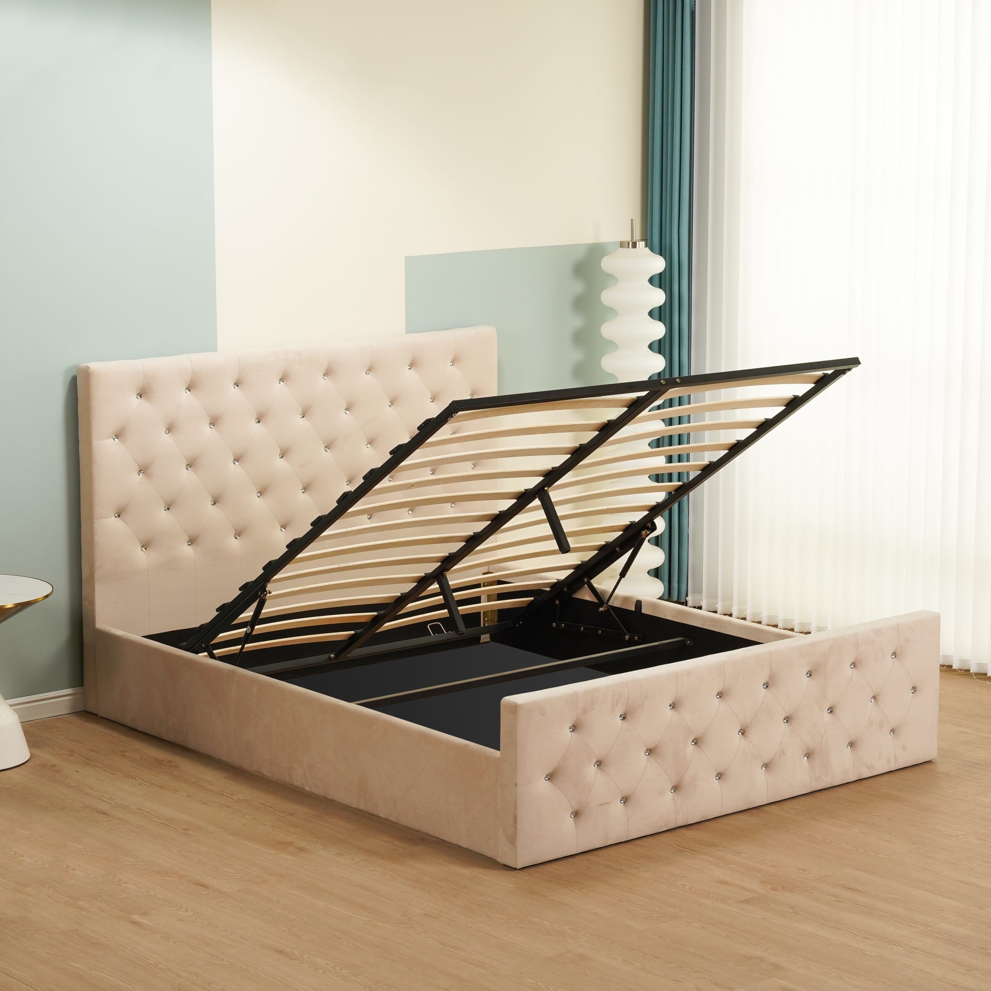 LIT COFFRE VICTORIA CAPITONNE AVEC DIAMANT VELOURS BEIGE 140X190 CM