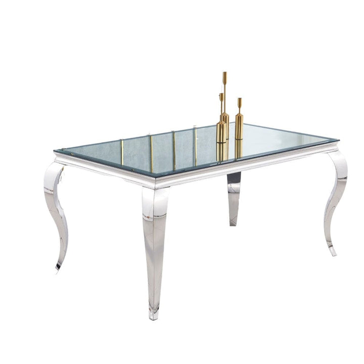 Table à manger BAROQUE 4 à 6 couverts pieds chrome plateau en verre 150x90 cm