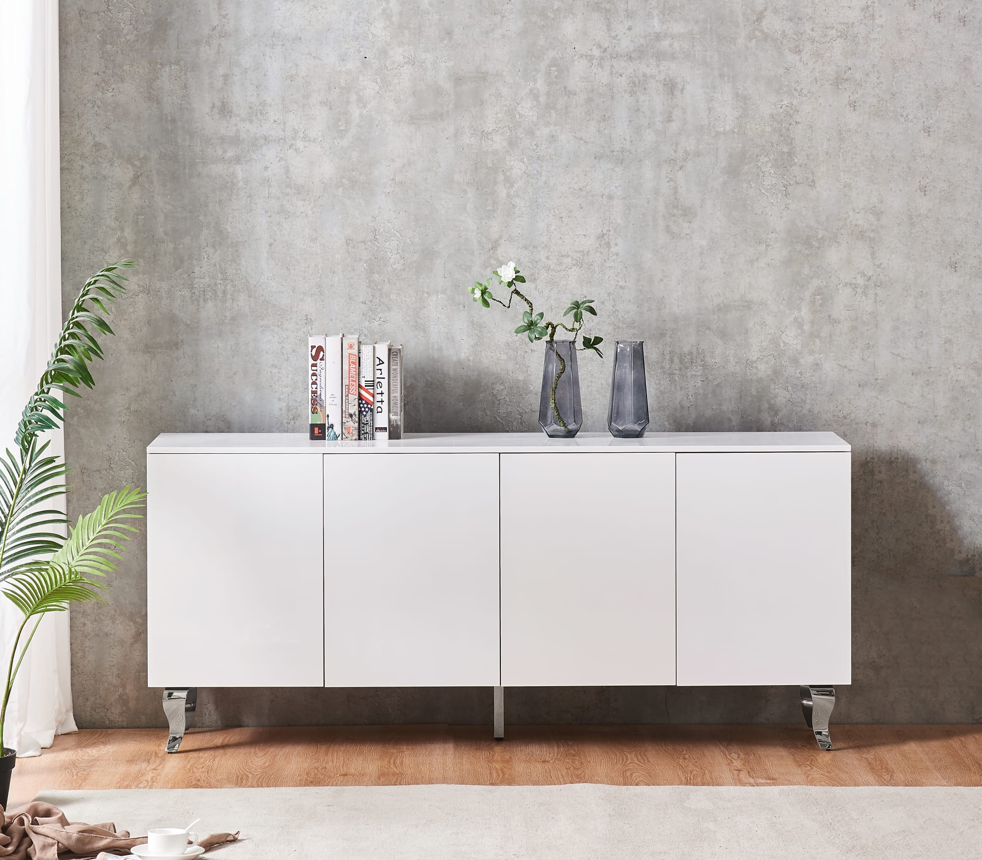 BUFFET BAROQUE LAQUE BLANC 4 PORTES 180X40X80 CM PIEDS CHROME