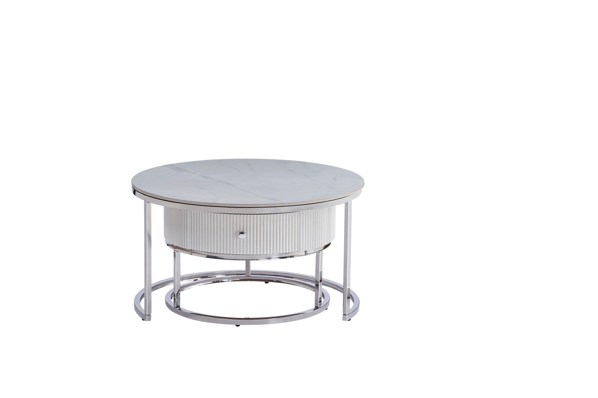 TABLE BASSE GIGOGNE SAMIRA AVEC TIROIR CHROME CERAMIQUE MARBRE BLANC 80+60cm