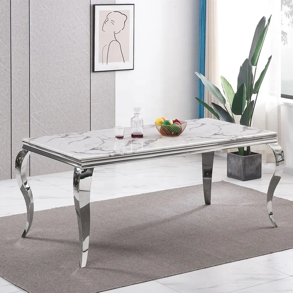 Table à manger BAROQUE 6 à 8 couverts pieds chrome plateau en verre 180x90 cm