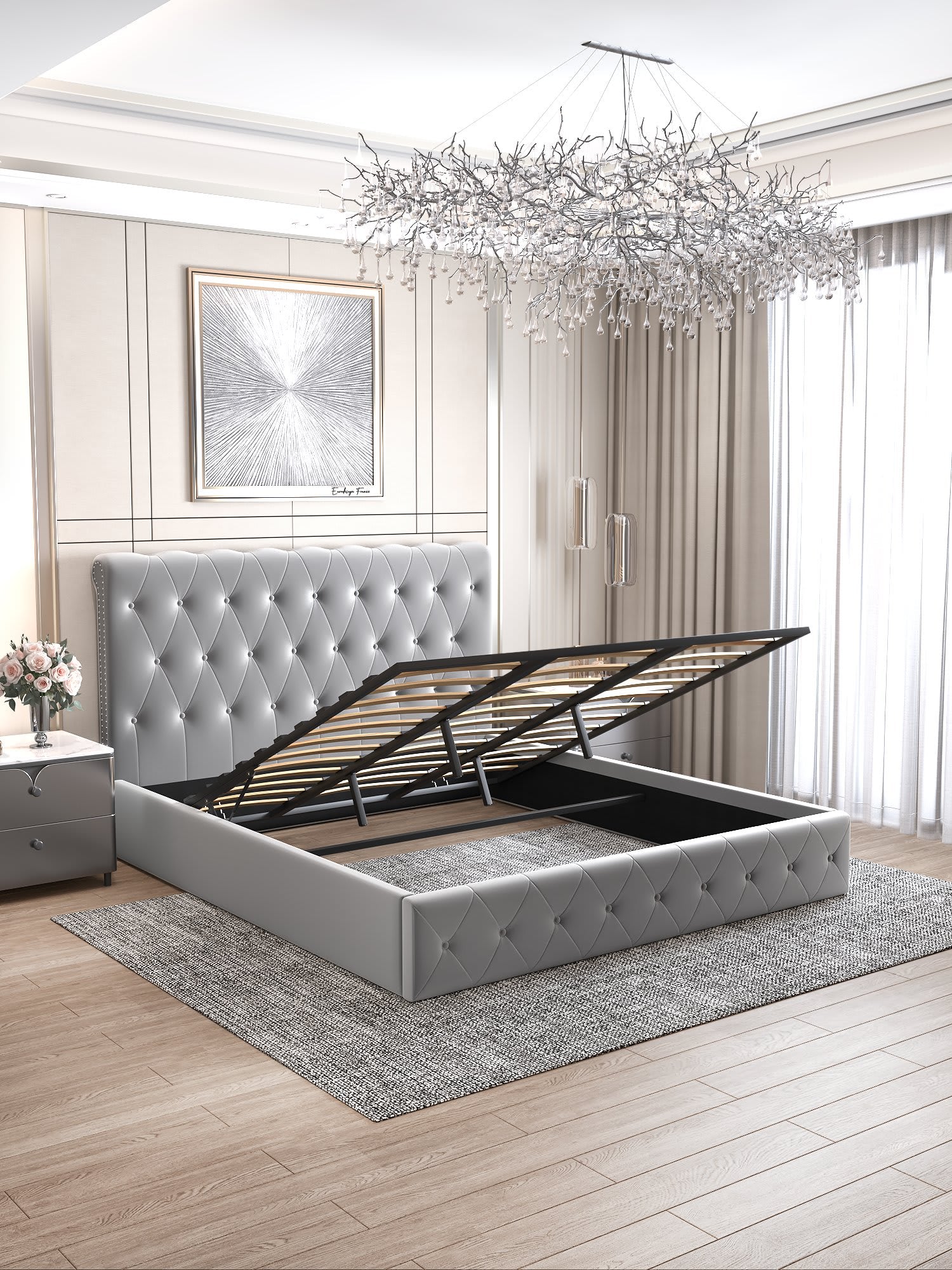 LIT COFFRE CORSICA EN VELOURS GRIS 160X200CM