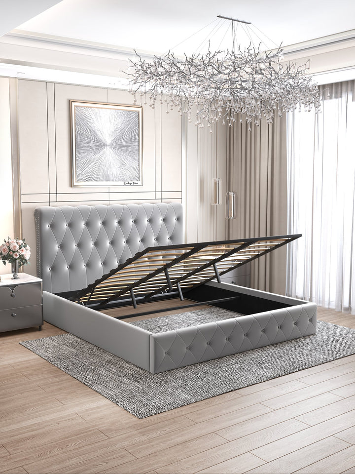 LIT COFFRE CORSICA EN VELOURS GRIS 160X200CM