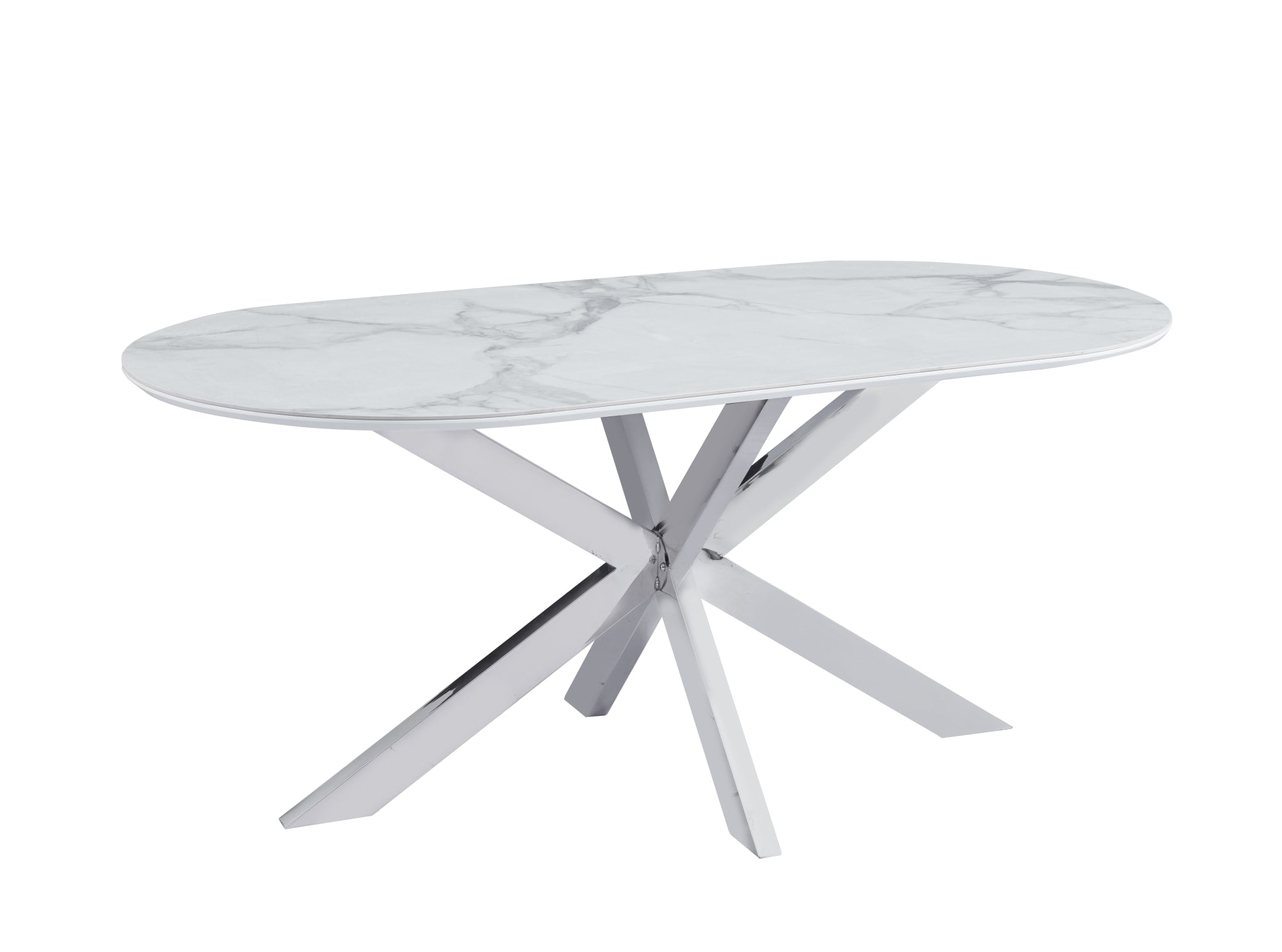 TABLE REPAS MANON PIED CHROME PLATEAU CERAMIQUE MARBRE BLANC 180x90cm