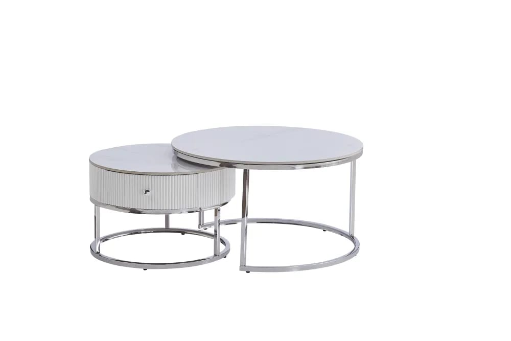 TABLE BASSE GIGOGNE SAMIRA AVEC TIROIR CHROME CERAMIQUE MARBRE BLANC 80+60cm