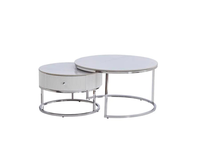TABLE BASSE GIGOGNE SAMIRA AVEC TIROIR CHROME CERAMIQUE MARBRE BLANC 80+60cm