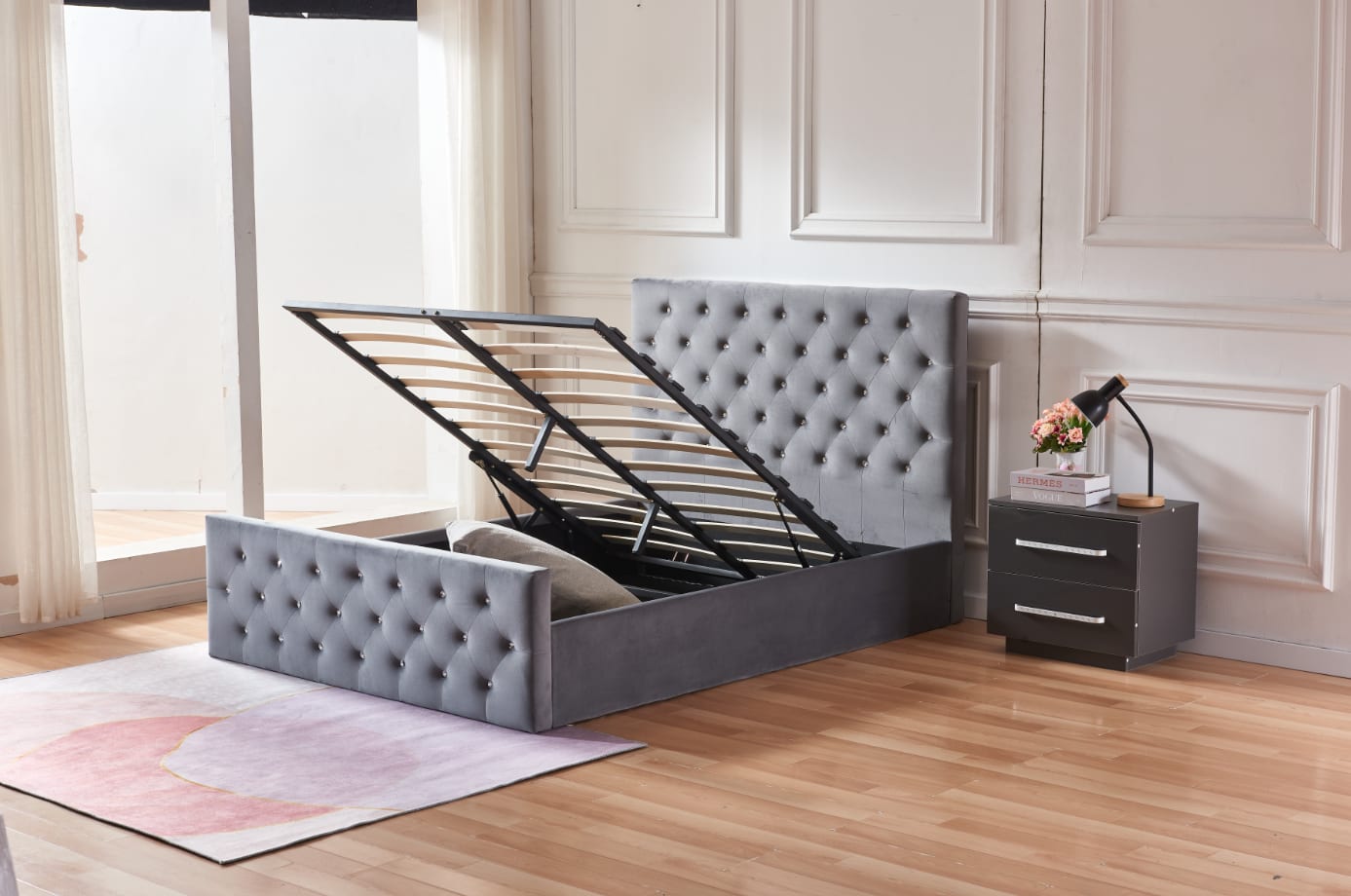 LIT COFFRE VICTORIA CAPITONNE AVEC DIAMANT VELOURS ANTHRACITE 1