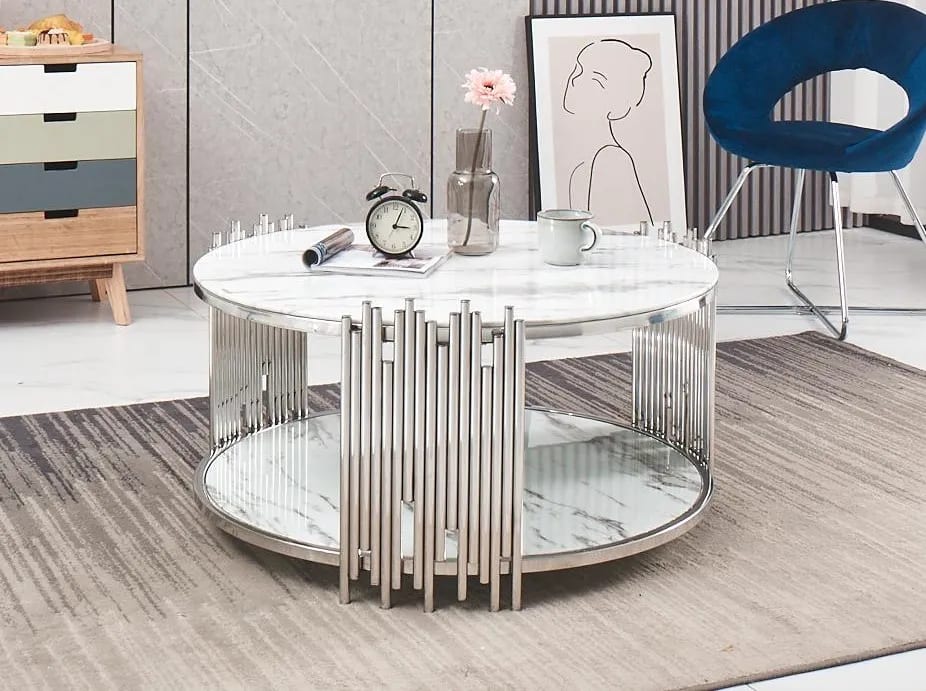 Table Basse ronde STICK Chrome et plateau en verre D90 H45 cm