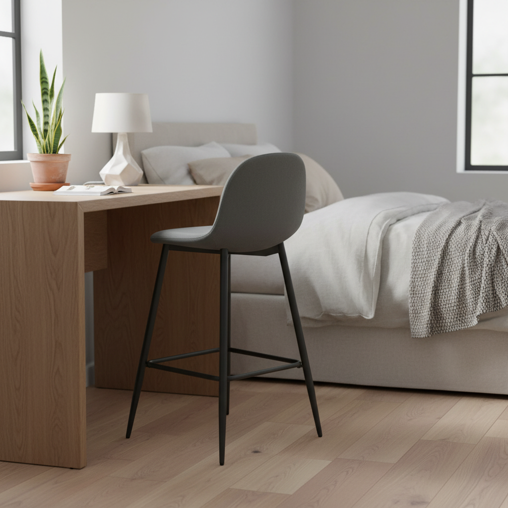 TABOURET DE BAR SCANDINAVE PIED METAL NOIR VELOURS ANTHRACITE