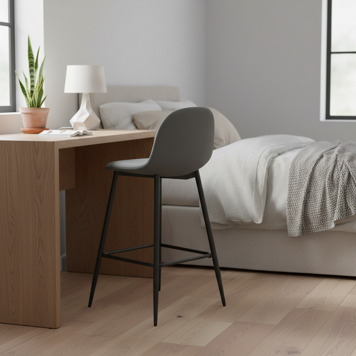 TABOURET DE BAR SCANDINAVE PIED METAL NOIR VELOURS ANTHRACITE