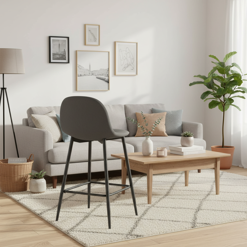 TABOURET DE BAR SCANDINAVE PIED METAL NOIR VELOURS ANTHRACITE