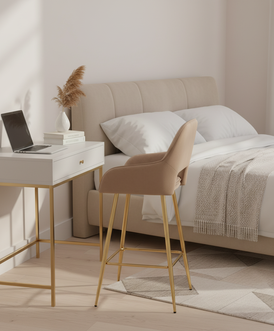 TABOURET DE BAR ATHENA PIED GOLD VELOURS TAUPE