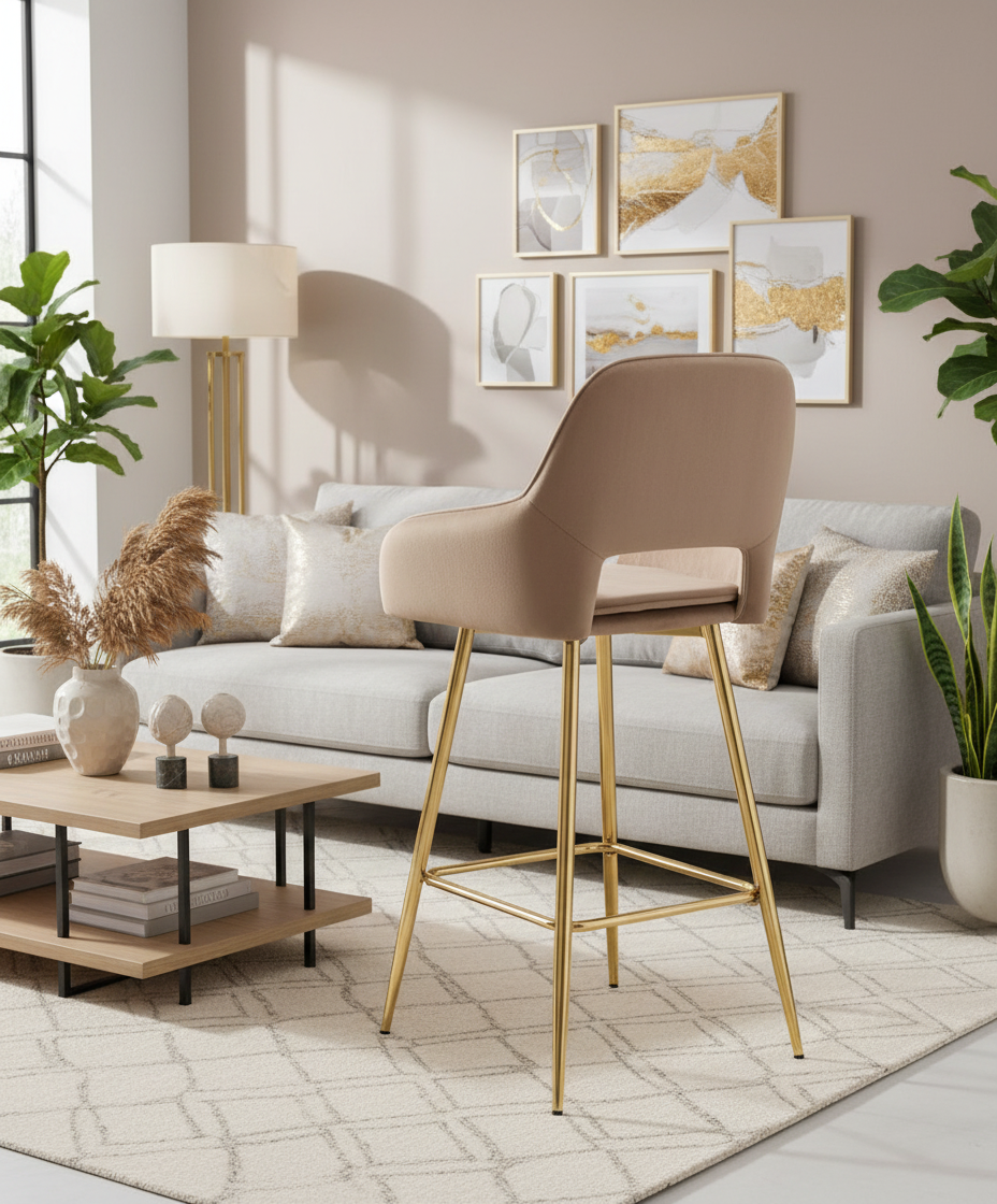 TABOURET DE BAR ATHENA PIED GOLD VELOURS TAUPE