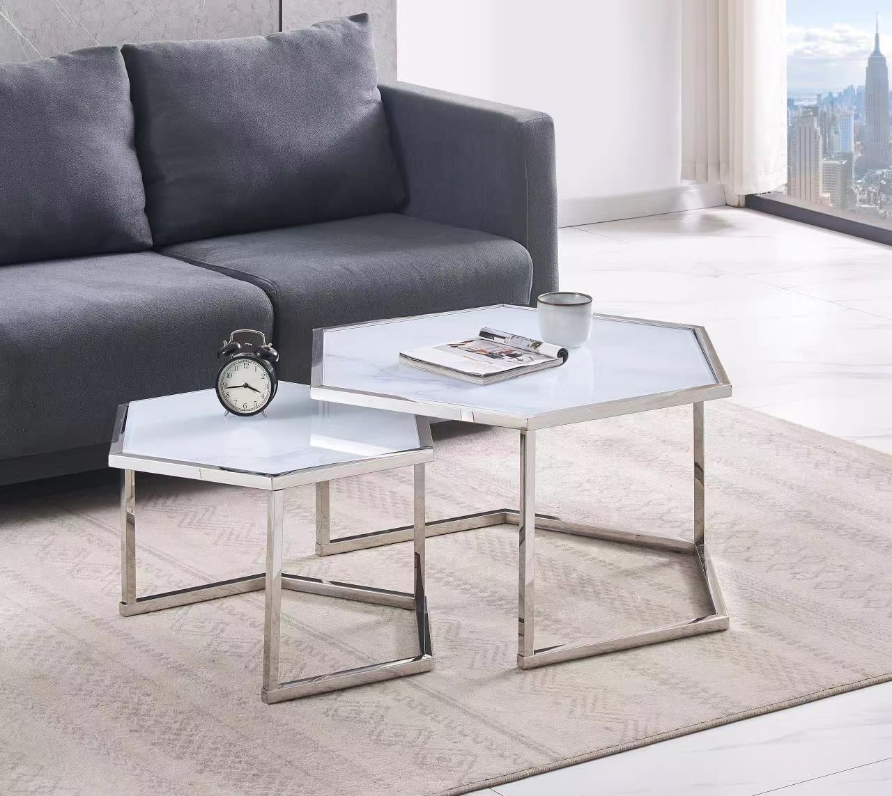 TABLE BASSE GIGOGNE HEXAGONA CHROME MARBRE BLANC 79x40.50 + 59x