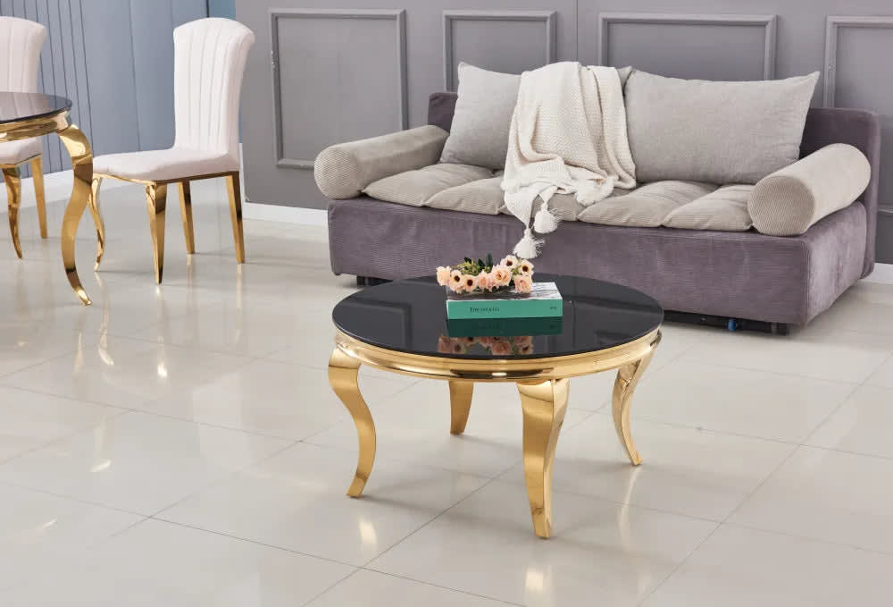 Table basse ronde baroque Gold et plateau en verre de 80 cm