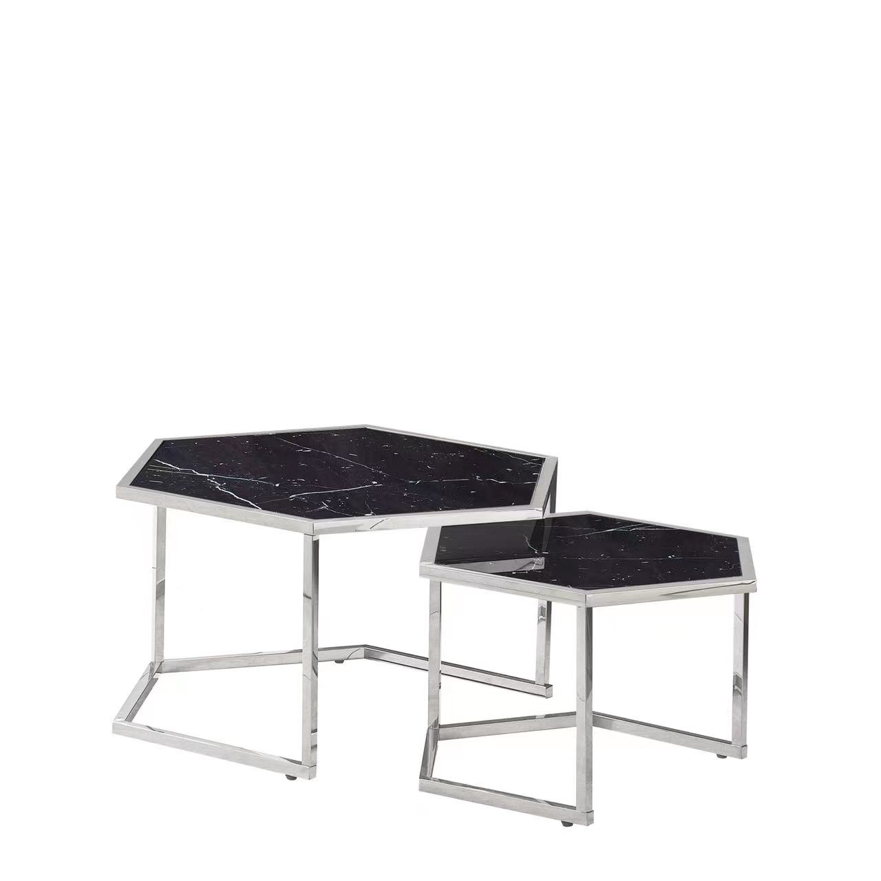 TABLE BASSE GIGOGNE HEXAGONA CHROME MARBRE NOIR 79x40.50 + 59x3