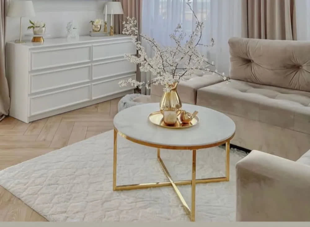 Table basse ronde LORIE Gold plateau en verre D90 cm