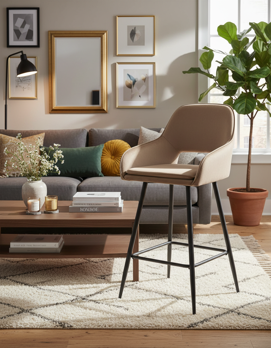 TABOURET DE BAR ATHENA PIED METAL NOIR VELOURS TAUPE