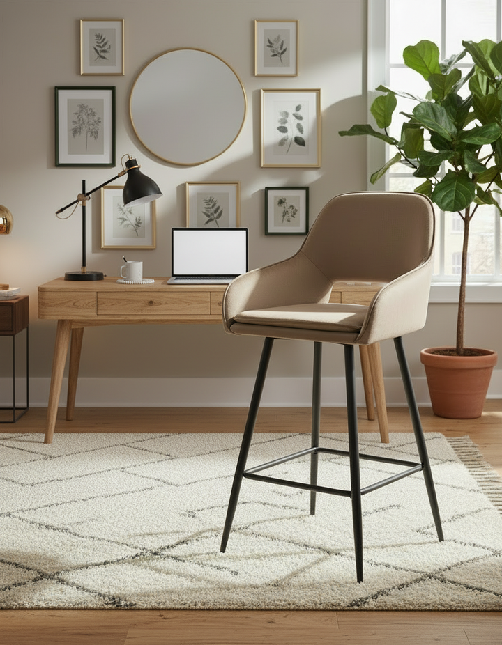 TABOURET DE BAR ATHENA PIED METAL NOIR VELOURS TAUPE