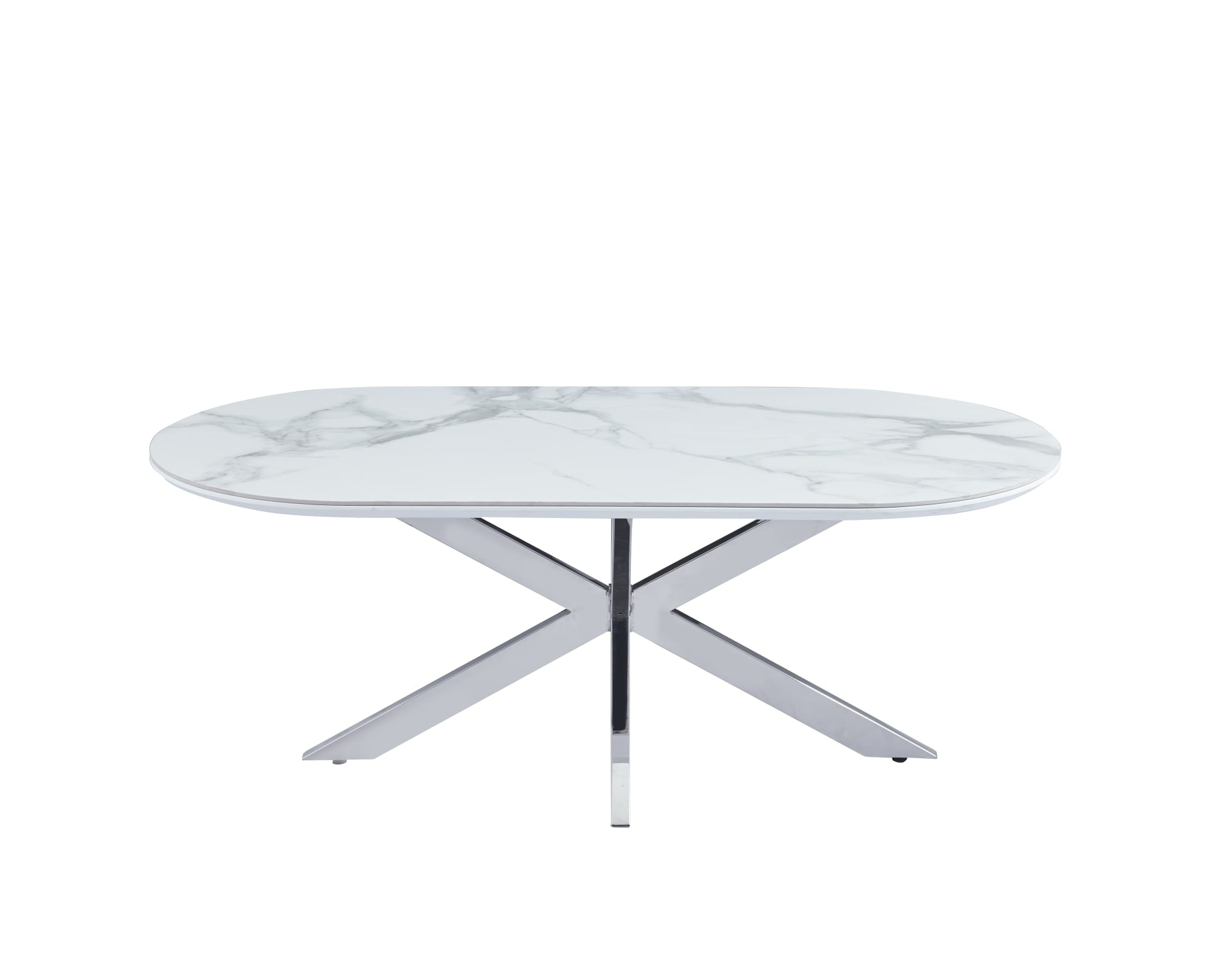 TABLE BASSE MANON PIED CHROME PLATEAU CERAMIQUE MARBRE BLANC 120X60CM