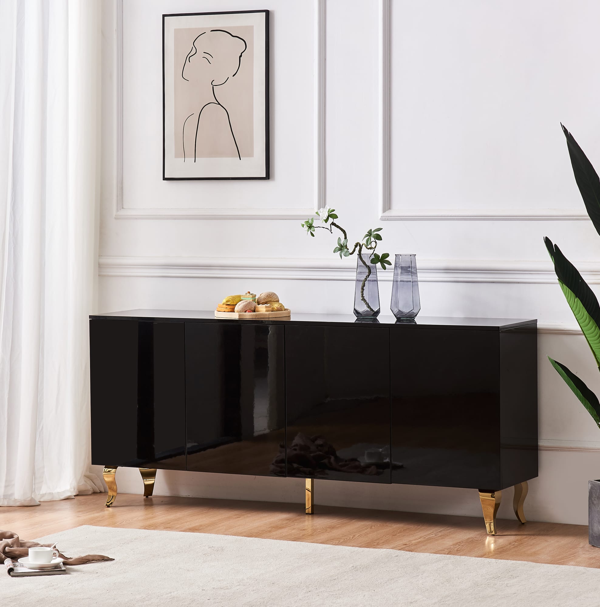 BUFFET BAROQUE LAQUE NOIR 4 PORTES 180X40X80 CM PIEDS GOLD