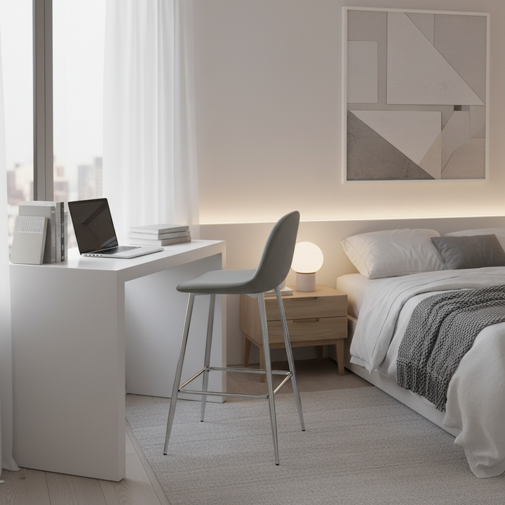 TABOURET DE BAR SCANDINAVE PIED CHROME VELOURS GRIS