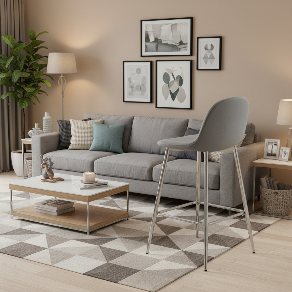 TABOURET DE BAR SCANDINAVE PIED CHROME VELOURS GRIS