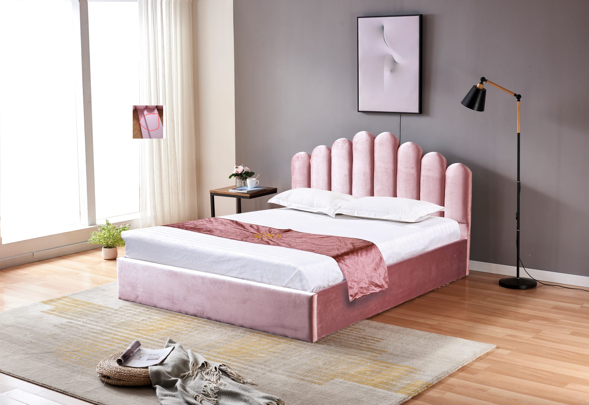 LIT DOHA VELOURS ROSE AVEC COFFRE 140x190 cm