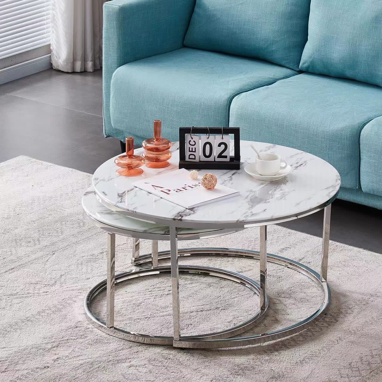 TABLE BASSE GIGOGNE CHROME PLATEAU CERAMIQUE EFFET MARBRE 80x45