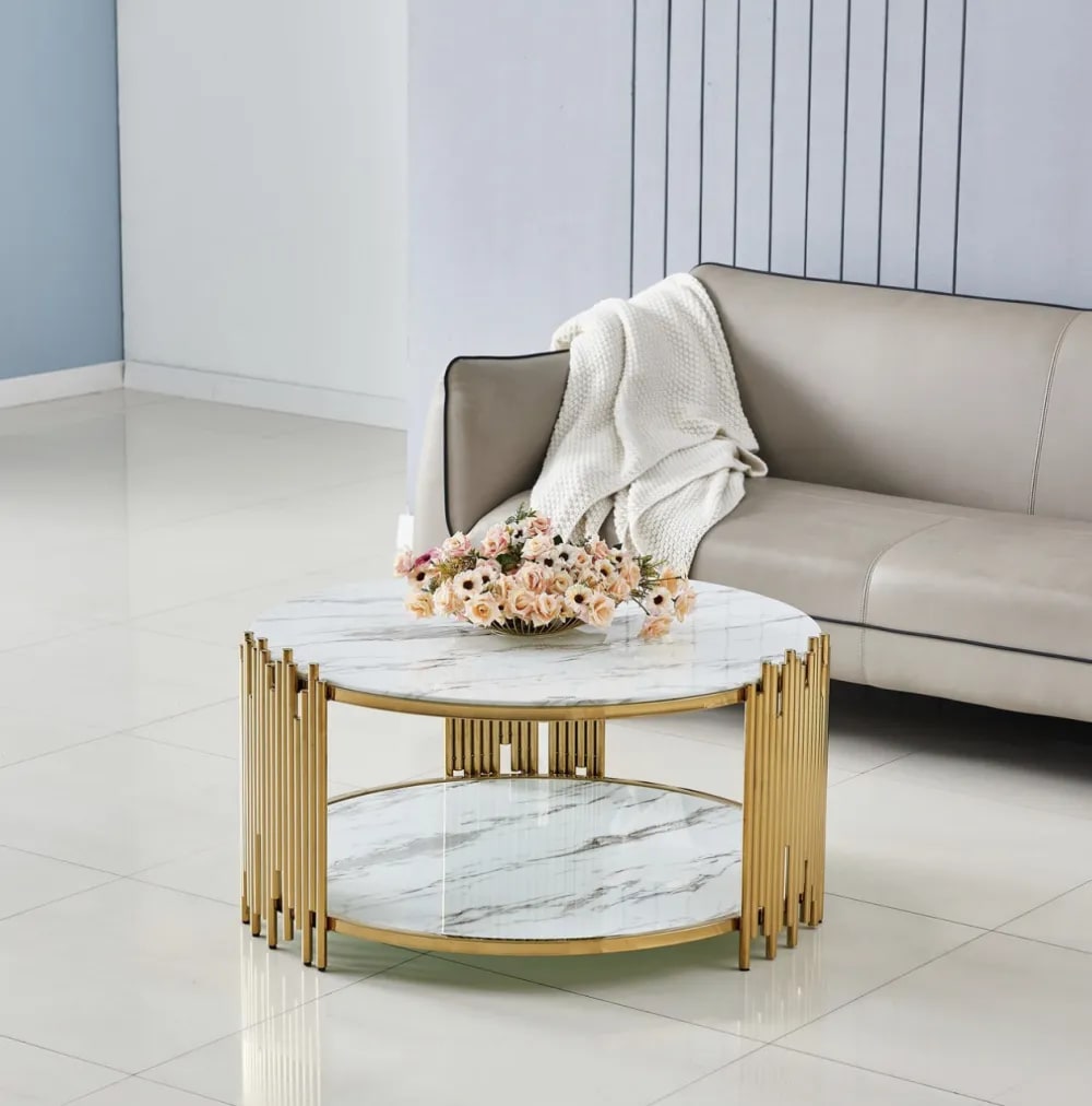 Table Basse ronde STICK Gold et plateau en verre D90 H45 cm