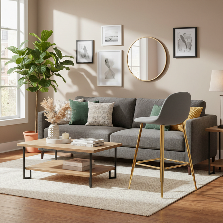 TABOURET DE BAR SCANDINAVE PIED GOLD VELOURS GRIS