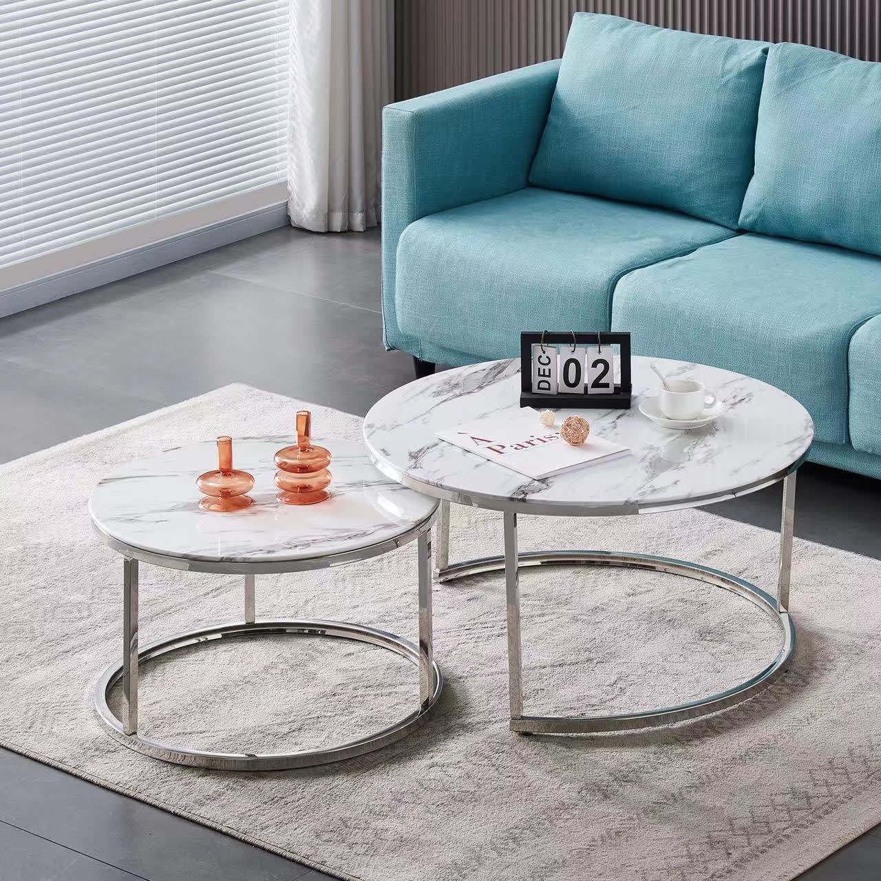 TABLE BASSE GIGOGNE CHROME PLATEAU CERAMIQUE EFFET MARBRE 80x45