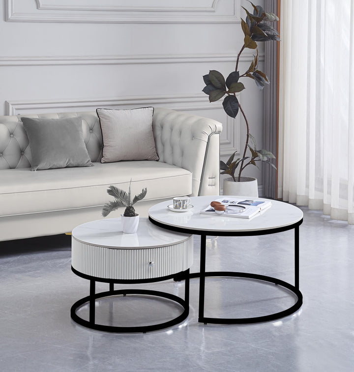 TABLE BASSE GIGOGNE SAMIRA METAL NOIR TIROIR CERAMIQUE MARBRE BLANC 80+60CM