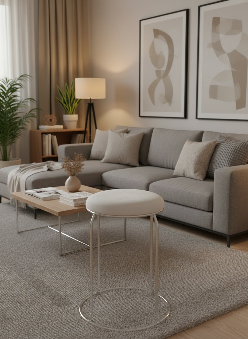 TABOURET VELOURS BEIGE PIED CHROME