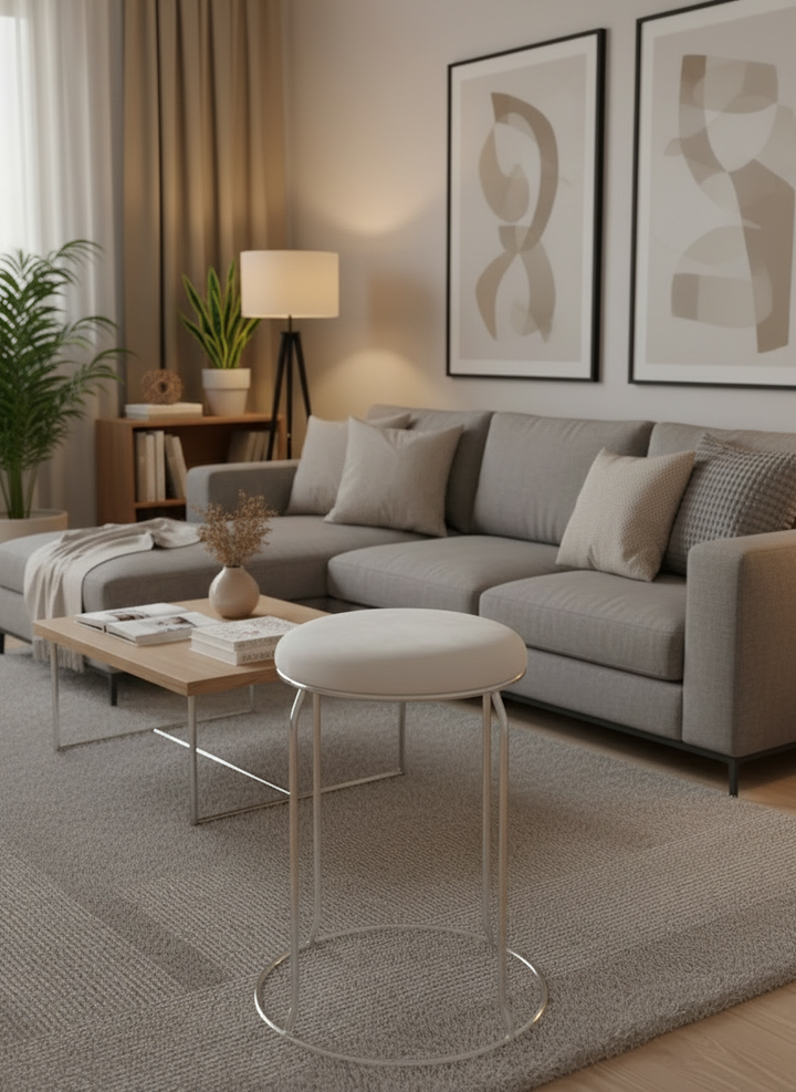 TABOURET VELOURS BEIGE PIED CHROME