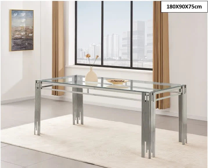 Table à manger XXL FLUTE Chrome Plateau en verre Marbré 180 cm