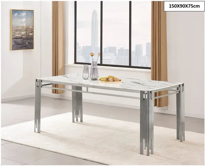 Table à manger FLUTE Chrome Plateau en verre Marbré 150 cm