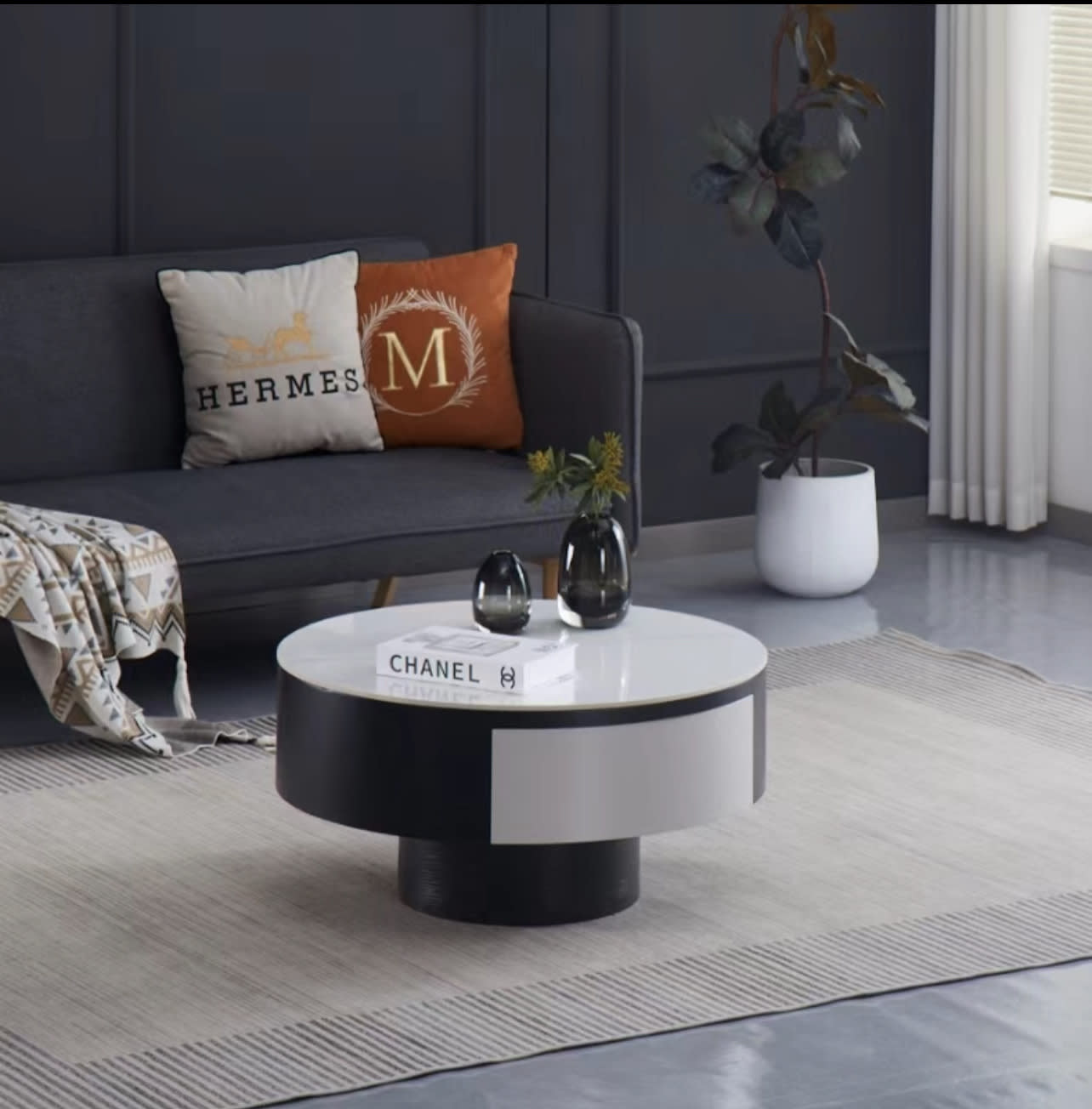 TABLE BASSE TORNADO AVEC TIROIR EN NOIR BLANC 80x40cm