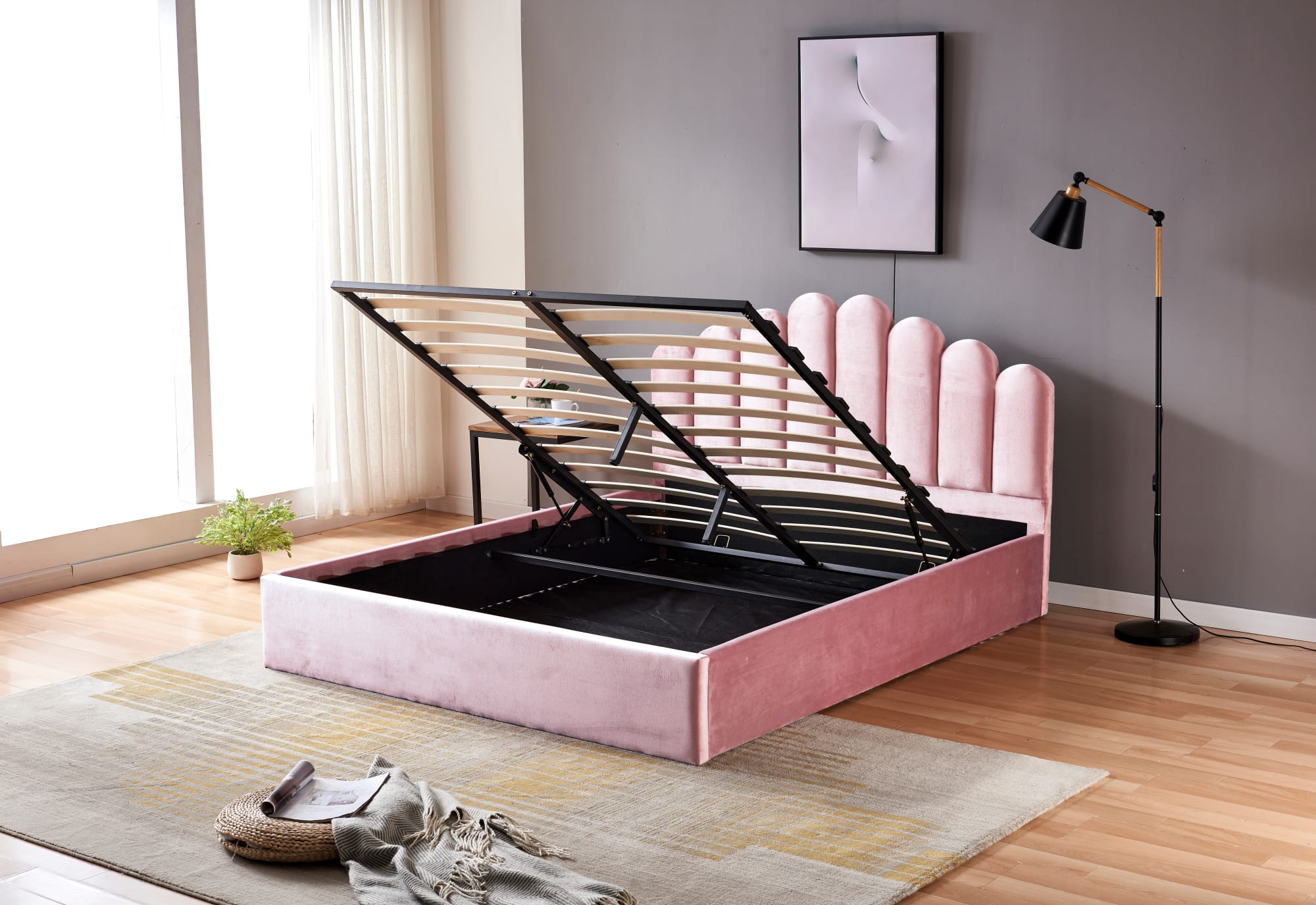 LIT DOHA VELOURS ROSE AVEC COFFRE 140x190 cm