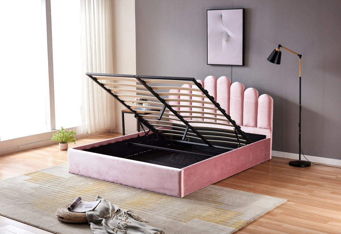 LIT DOHA VELOURS ROSE AVEC COFFRE 140x190 cm