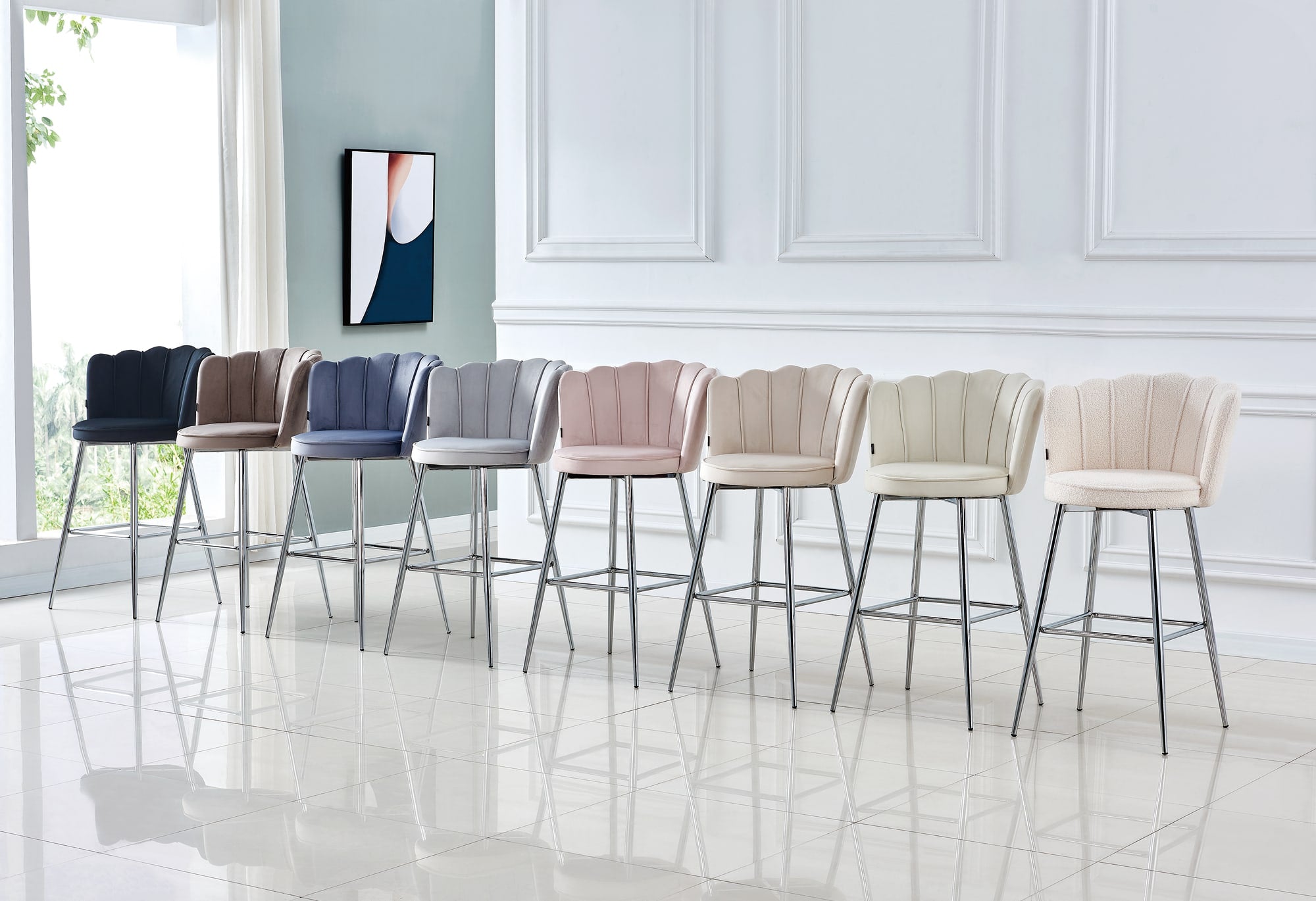 TABOURET DE BAR NYMPHEA CHROME VELOURS SILVER HAUTEUR 65cm