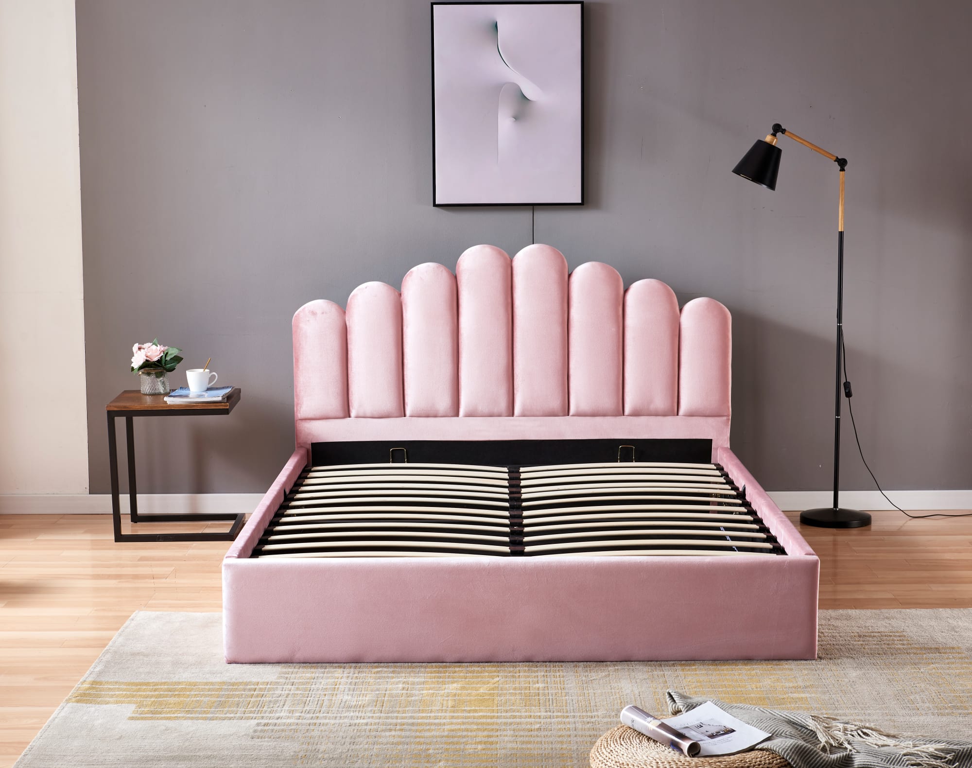 LIT DOHA VELOURS ROSE AVEC COFFRE 140x190 cm