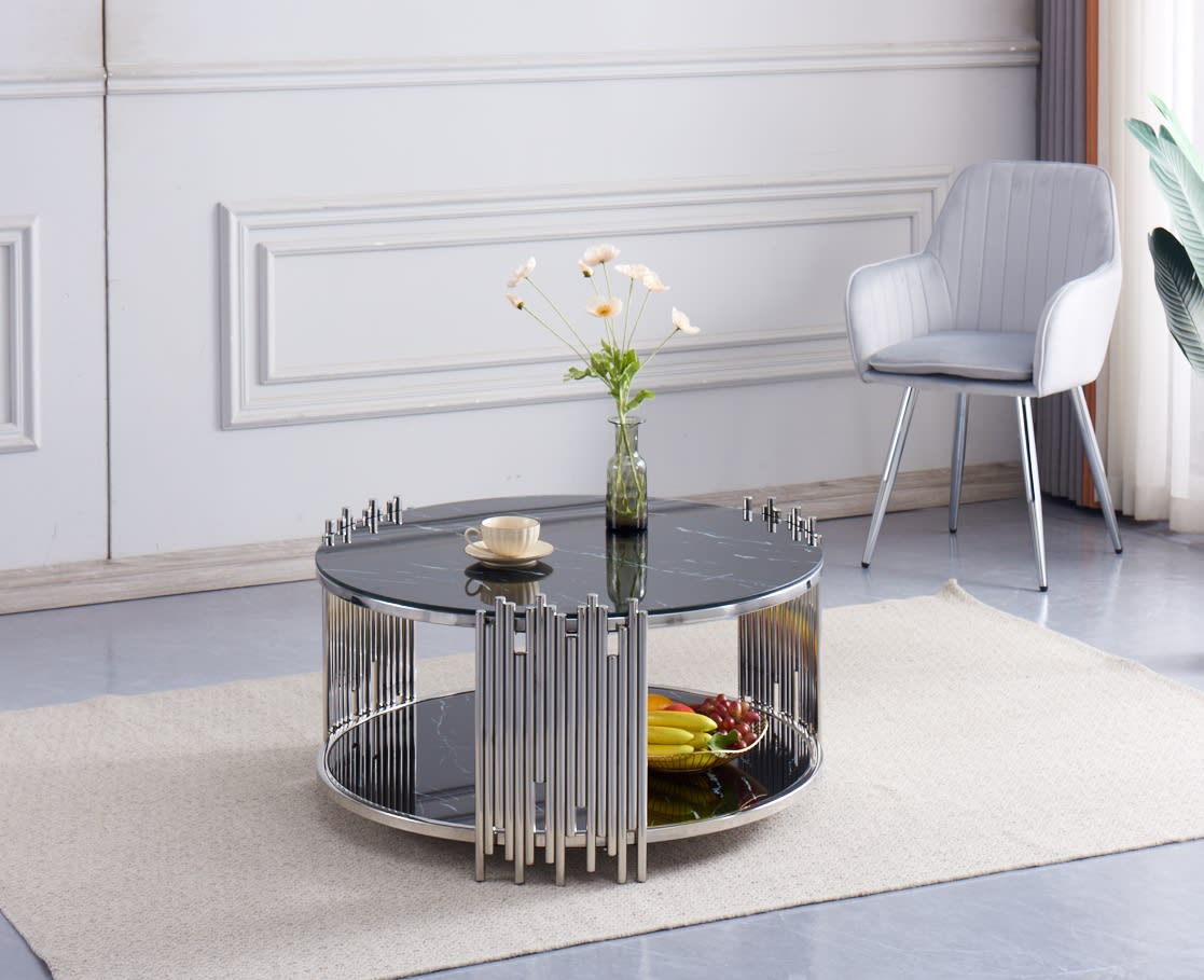 TABLE BASSE STICK CHROME MARBRE NOIR 90 x 45 CM