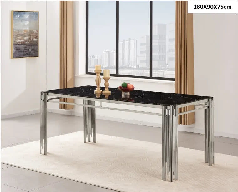 Table à manger XXL FLUTE Chrome Plateau en verre Marbré 180 cm