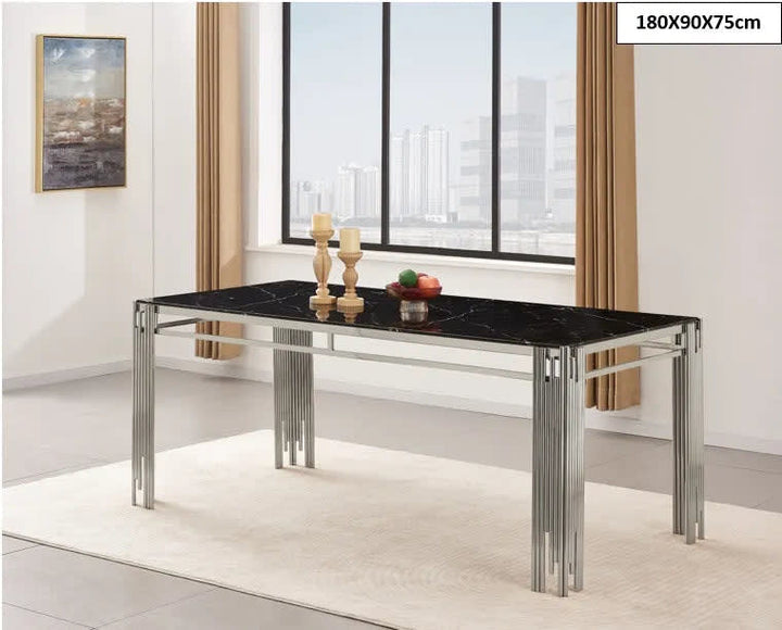 Table à manger XXL FLUTE Chrome Plateau en verre Marbré 180 cm