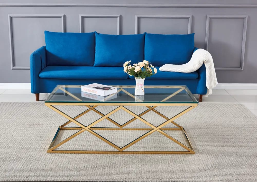 Table Basse TRIANGLE Gold et plateau en verre 120x60 cm